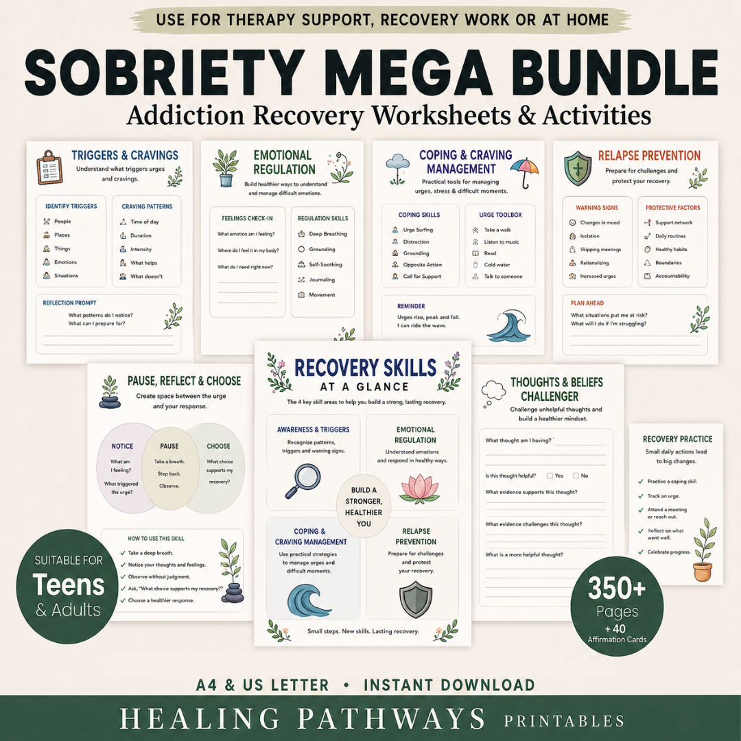 Sobriety Mega Bundle, Addiction Recovery Worksheets, Relapse Prevention Plan, Recovery Workbook & More