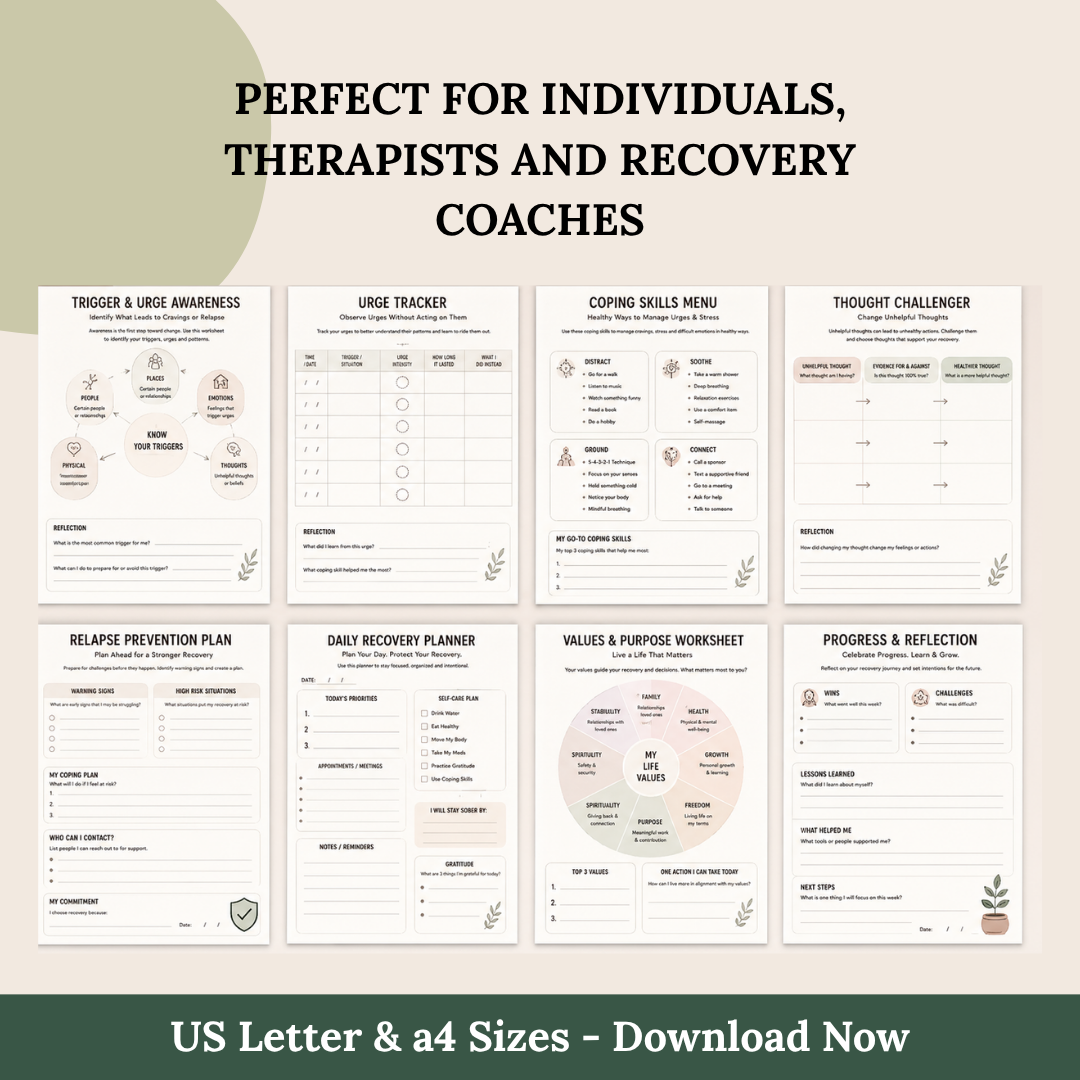 Sobriety Mega Bundle, Addiction Recovery Worksheets, Relapse Prevention Plan, Recovery Workbook & More