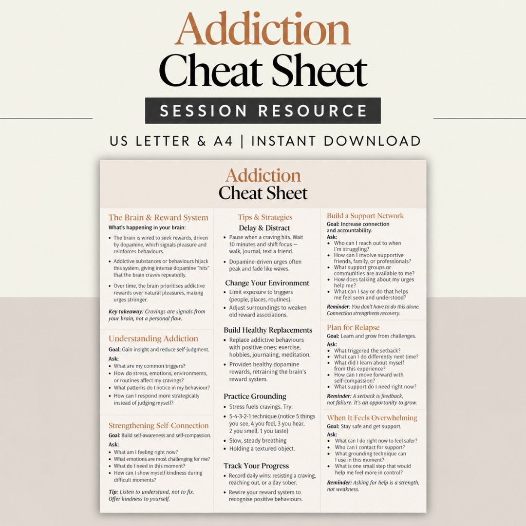Addiction Cheat Sheet, Session Resource, Instant Download