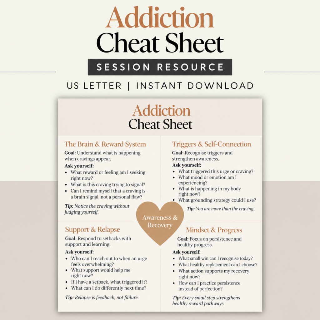 Addiction Cheat Sheet, Session Resource, Instant Download