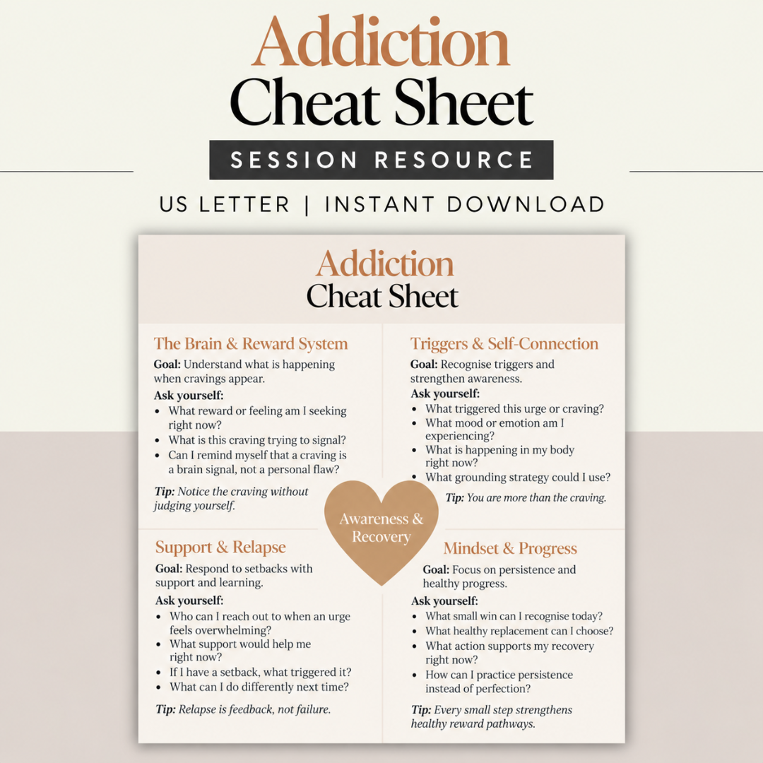 Addiction Cheat Sheet, Session Resource, Instant Download
