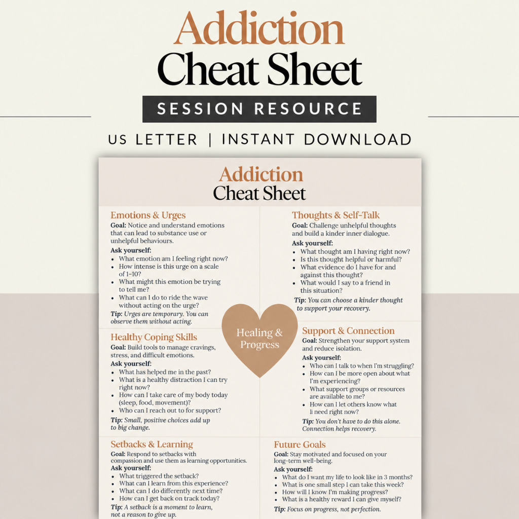 Addiction Cheat Sheet, Session Resource, Instant Download